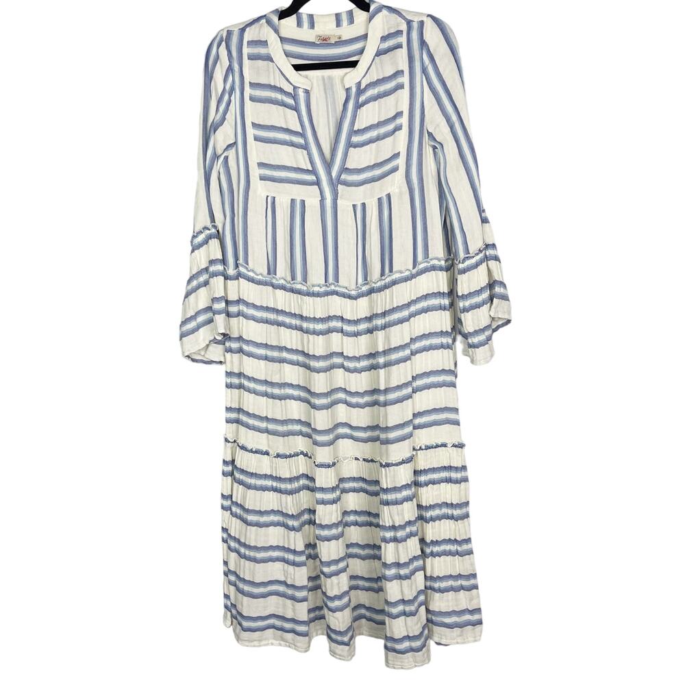 Faherty Small Cream Blue Striped Dream Cotton Gauze Vidi Midi Dress Long Sleeve